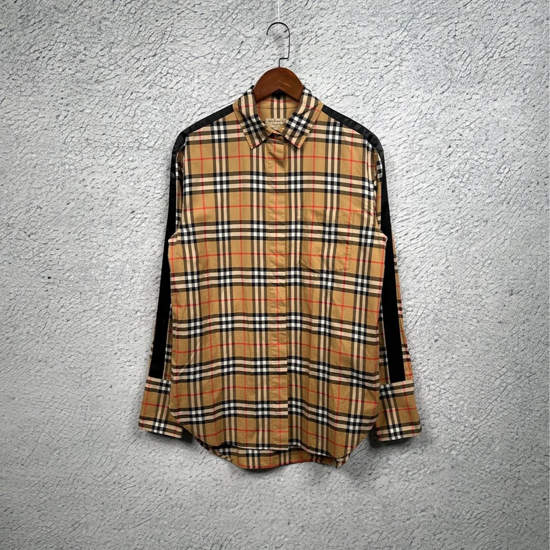 99新 Burberry 巴宝莉经典格纹黑边丝绸长袖衬衫/UK12码