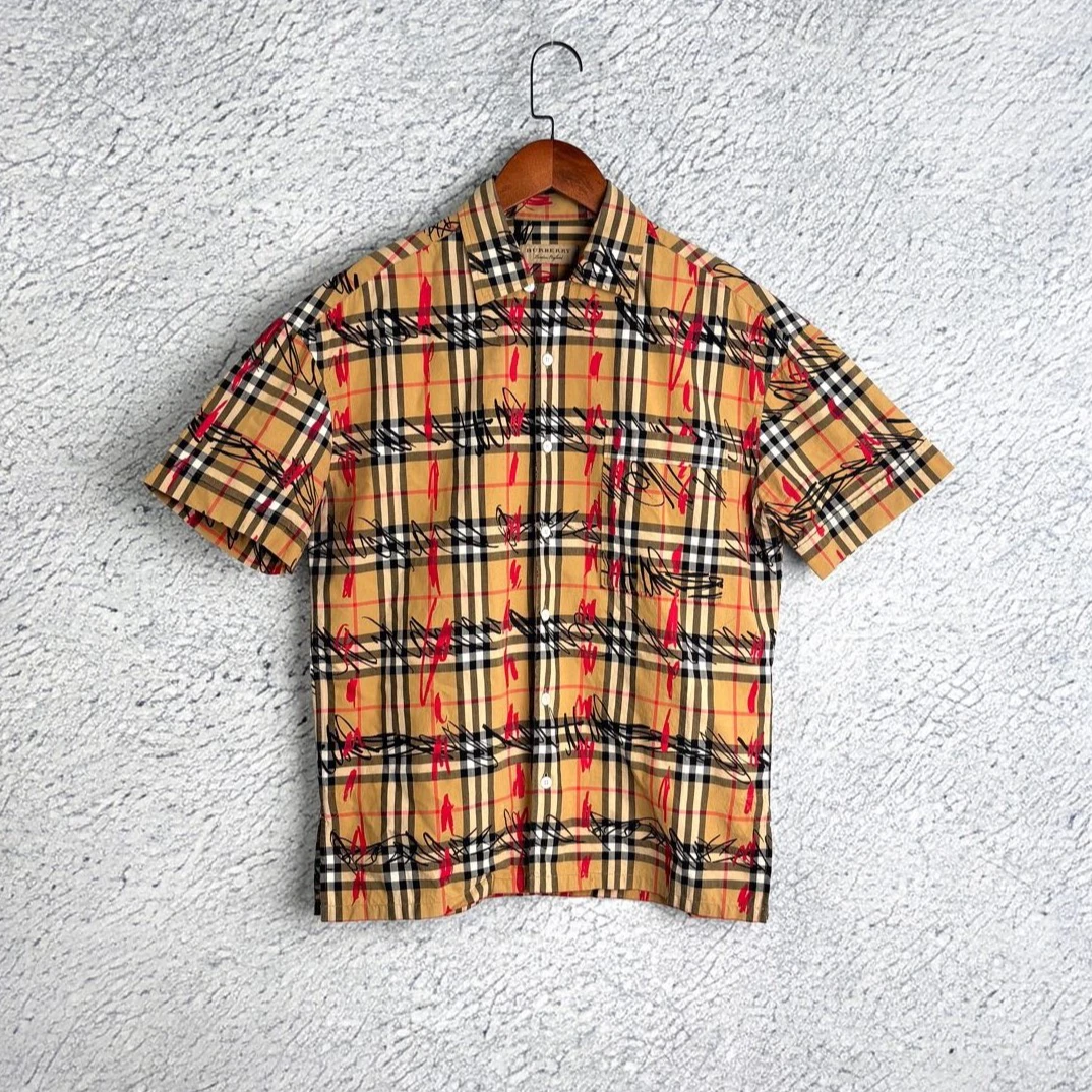【福利款】99新 Burberry 巴宝莉经典条纹红线涂鸦短袖衬衫/S码