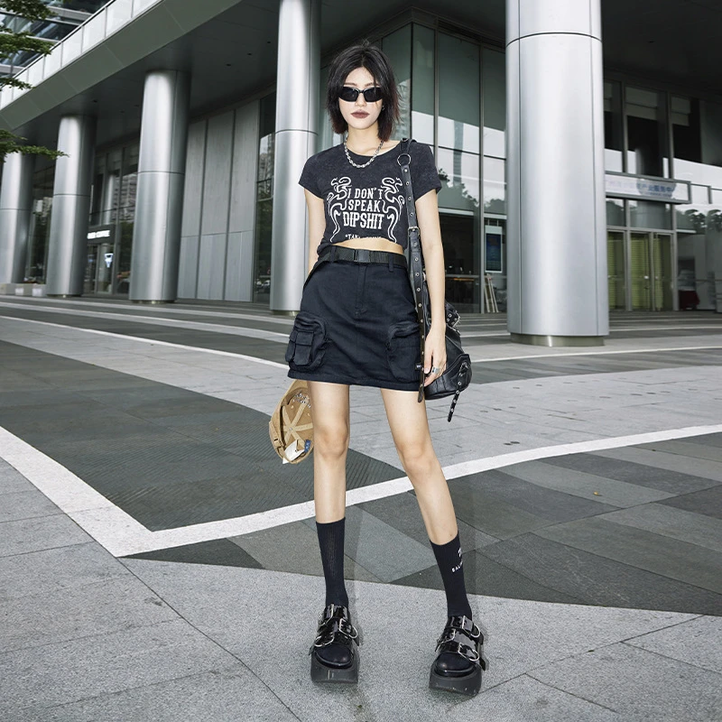 辣妹Y2K口袋a字包臀短裙女2024夏季新款带内衬工装半身裙X40389