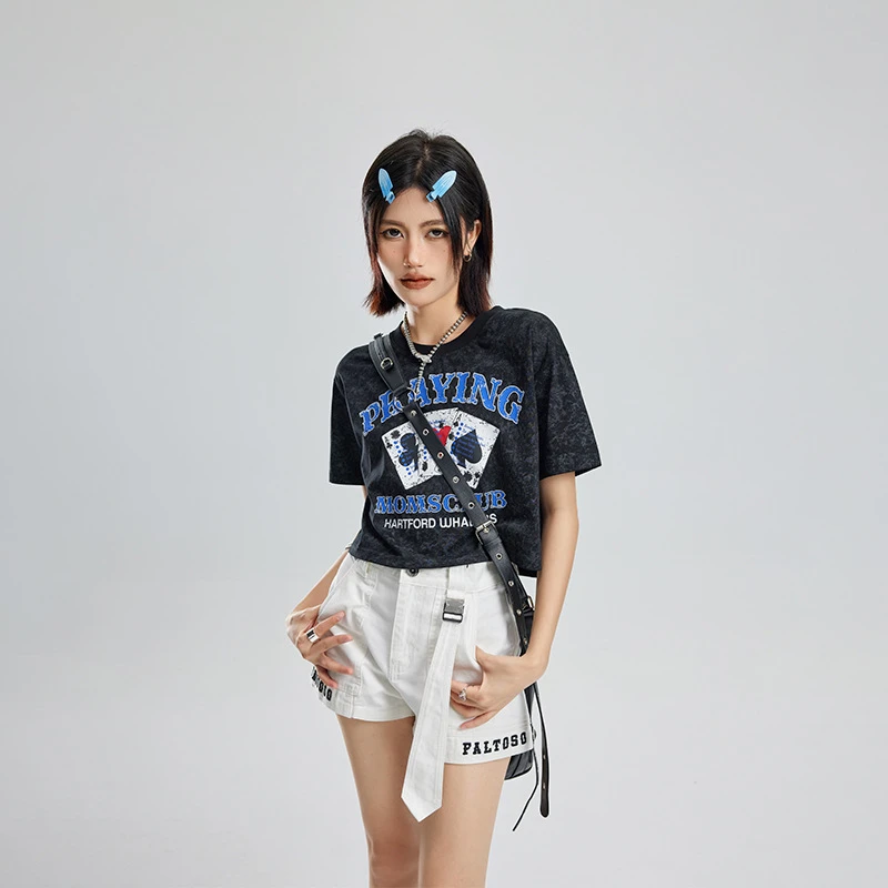 潮牌美式印花短袖t恤女设计感洗水扎染露脐短款体恤X30690