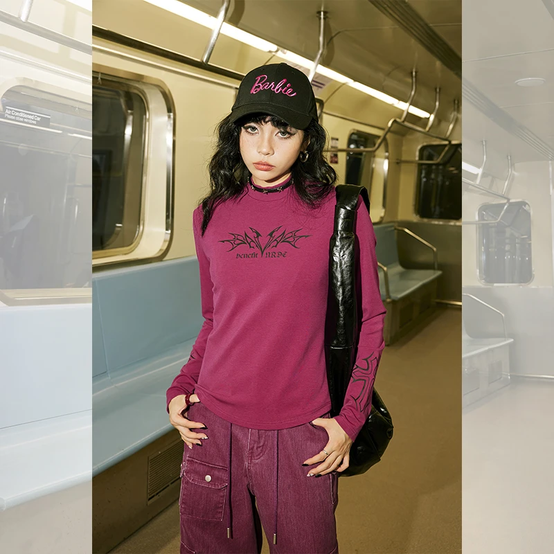 长袖运动直筒休闲打底复古宽松印花上衣D40339