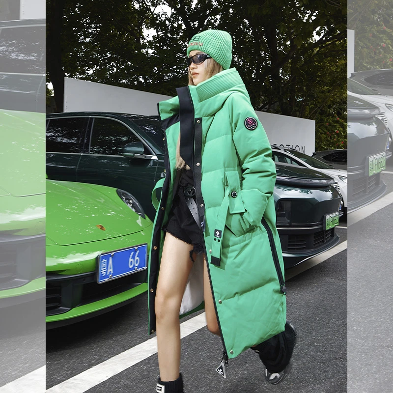 冬季保暖连帽绿色过膝长款加厚外套D30738