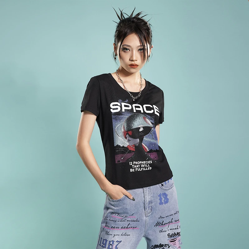 夏季新款上衣女装美式潮牌T恤修身朋克印花短袖t恤女X40644