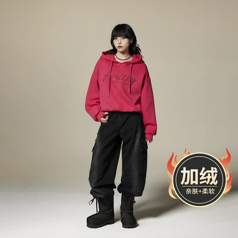 运动卫衣秋冬加绒套头连帽衫新款欧美个性亮片字母长袖上衣Q40277