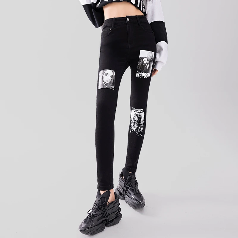 潮牌秋装印花小脚修身裤子紧身高腰牛仔裤弹力显瘦女Q20084