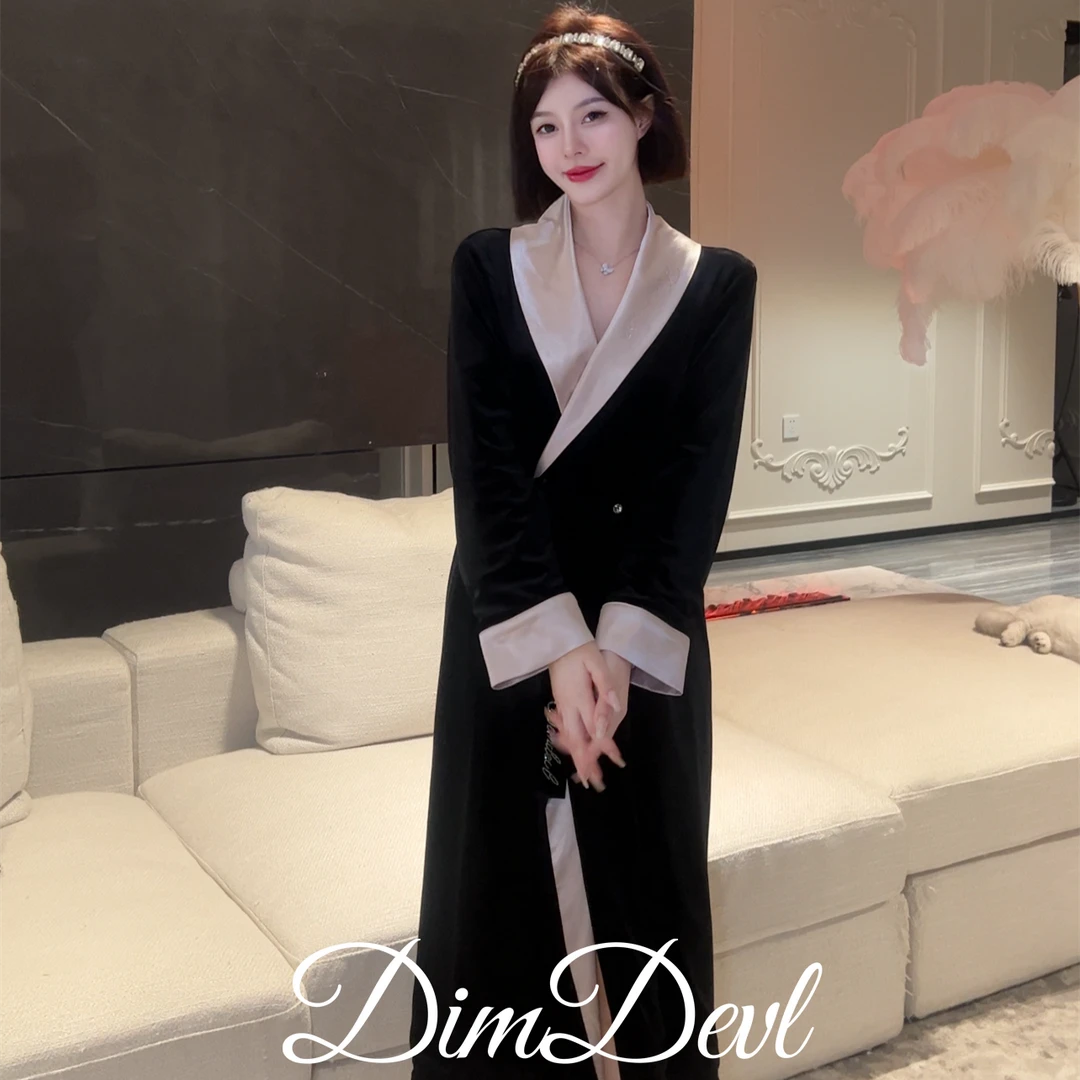 DIMDEVL/汀黛法式名媛LADY翻领缎面丝绒气质拼接秋冬女神风睡袍