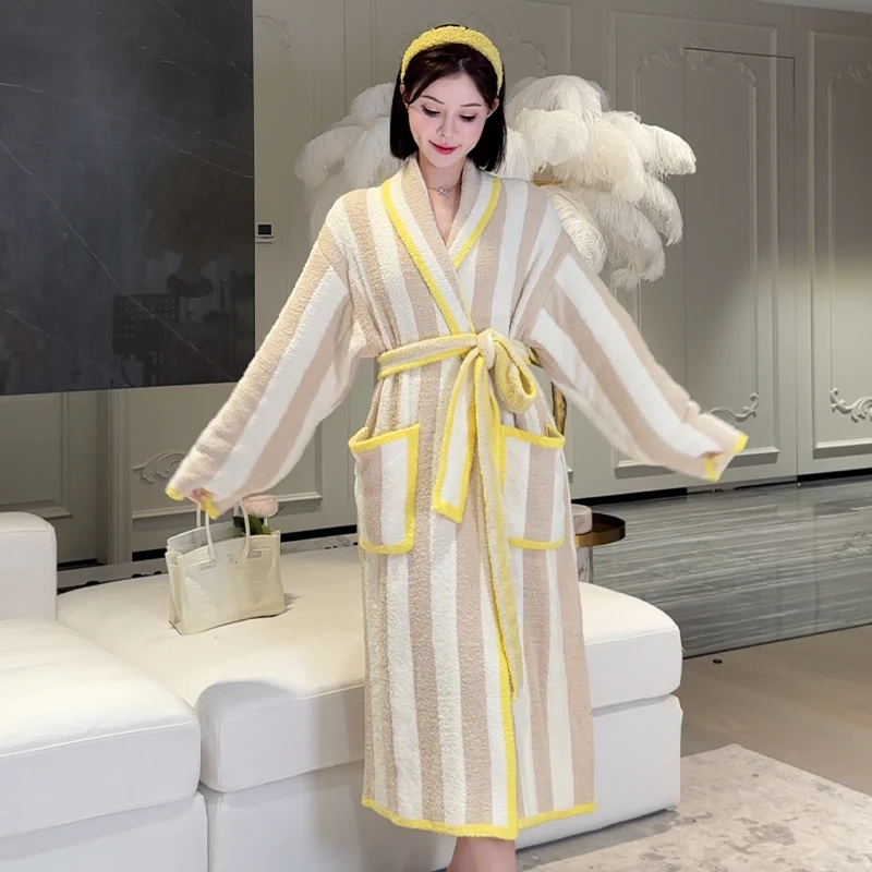 DIMDEVL/汀黛奶茶色条纹中长款保暖加厚秋冬季半边绒睡袍男女同款