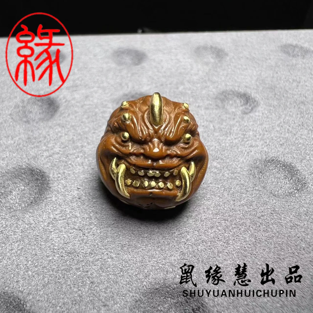 紫金鼠雕刻六目獠牙恶僧单籽纯手工铜镶嵌