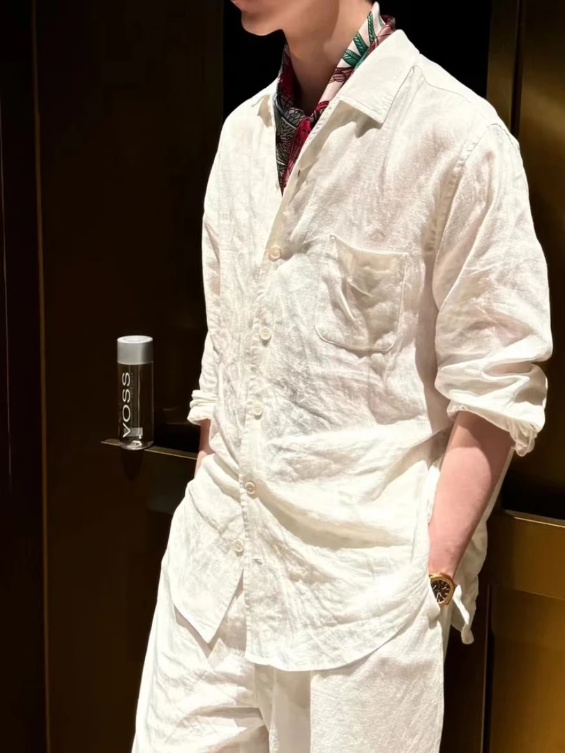 L.P国王的礼物！人见人爱！意大利老钱风纯色商务休闲亚麻长袖衬衫