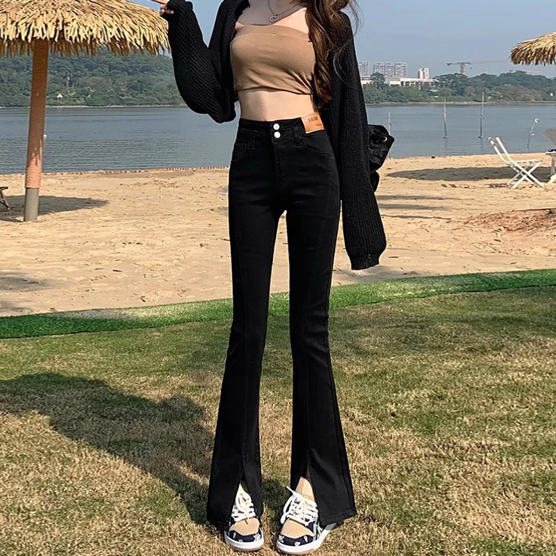 春季黑色开叉牛仔裤女春秋2024年新款高腰紧身显瘦拖地微喇叭裤子