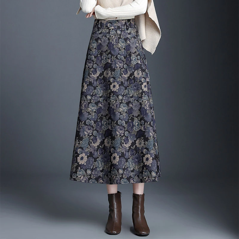 碎花半身裙冬季毛呢印花长裙女2024新款裙子高腰a字包裙