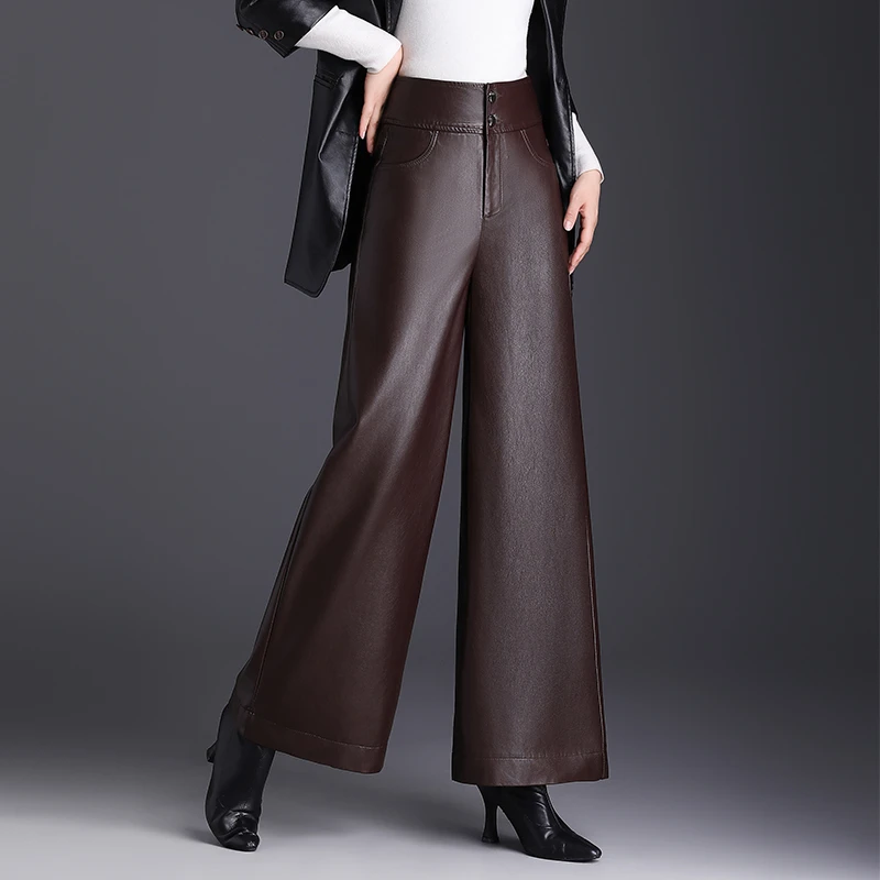 时髦皮裤女2024新款阔腿裤高腰显瘦大裤腿直筒裤大码宽松PU皮长裤