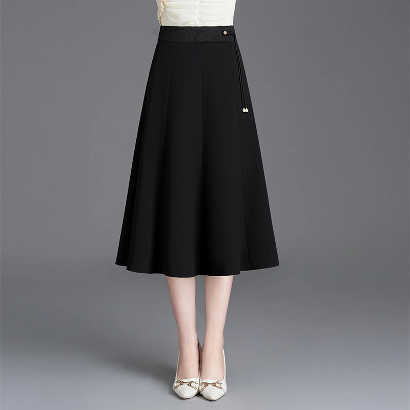 新中式a字半身裙梨型身材遮胯妈妈裙子秋时尚百搭百褶裙垂感长裙