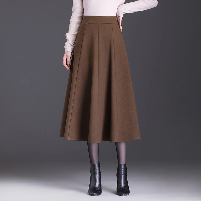 焦糖色半身裙秋冬加厚毛呢长裙收腰及踝洋气高腰a字百褶大摆裙女