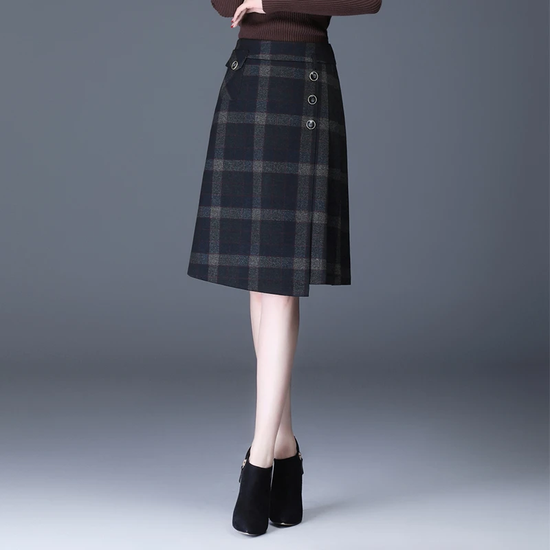 女呢子半身裙格子秋冬法式高腰a字裙中长款一步不规则开衩半裙秋