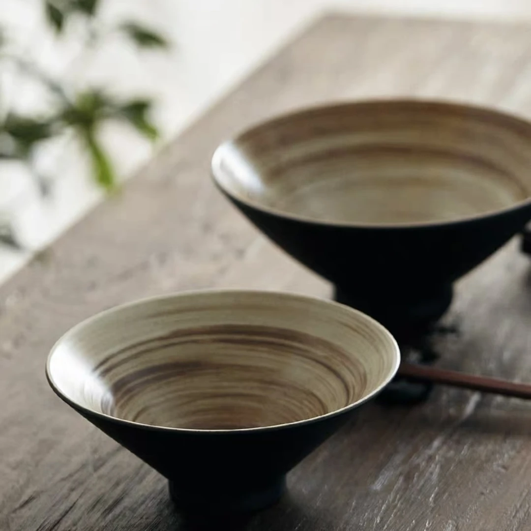 陶乐记黑金系列日式粗陶斗笠面碗家用黑色拉面碗