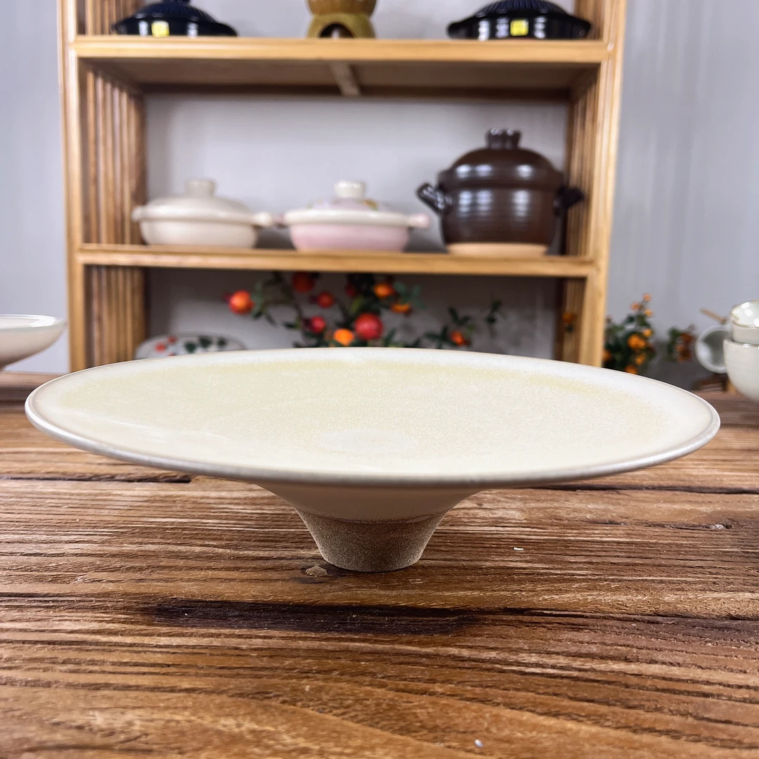 陶乐记米黄拉丝高足果盘凉菜沙拉盘家用高级感小众陶瓷餐具