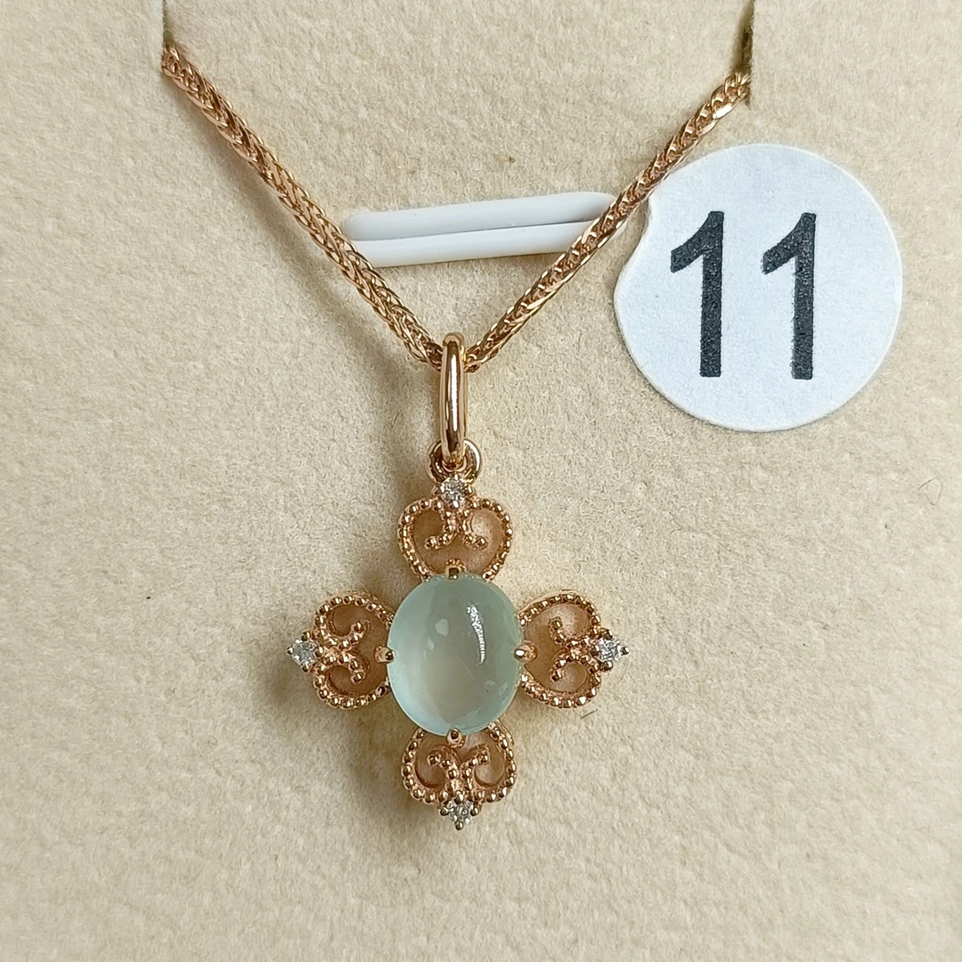 【复古风】幸运草18k金翡翠套链精致（链长度：18寸）精美时尚