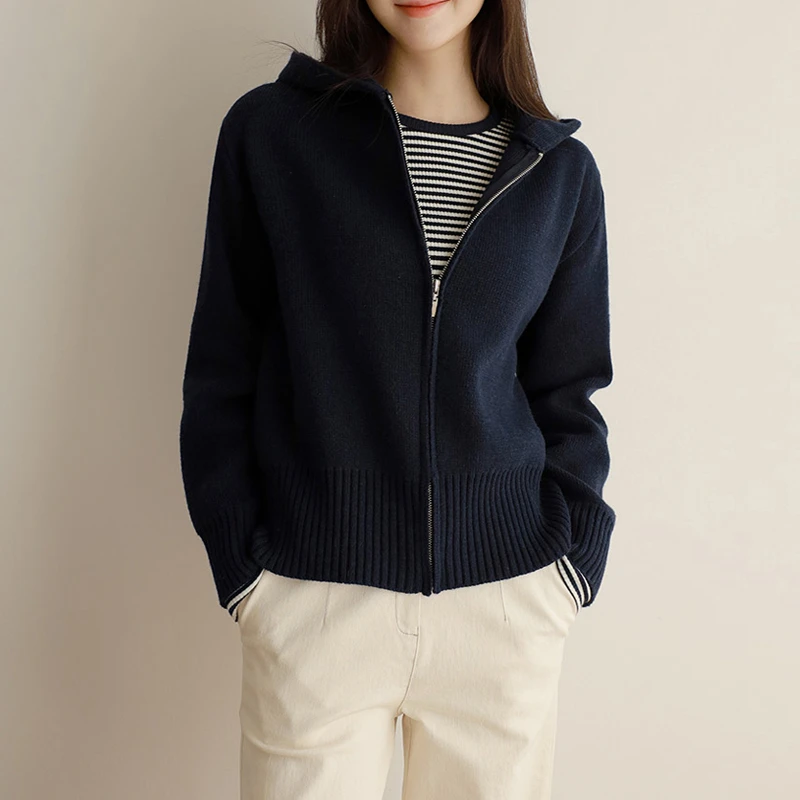 连帽针织开衫女秋冬2025新款百搭带帽外搭上衣冬季拉链毛衣外套女