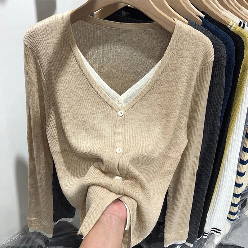 假两件上衣女春装针织衫打底开衫V领长袖设计感春秋内搭毛衣外套