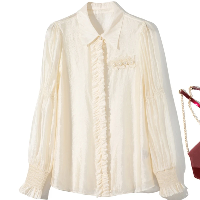 温柔风木耳边钉珠装饰衬衫女春秋季新款长袖时尚百搭