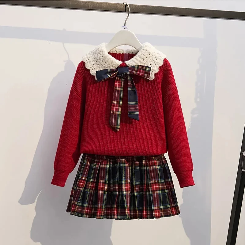 女童针织套头毛衣两件套儿童秋冬新款洋气学院风jk套装红色百褶裙