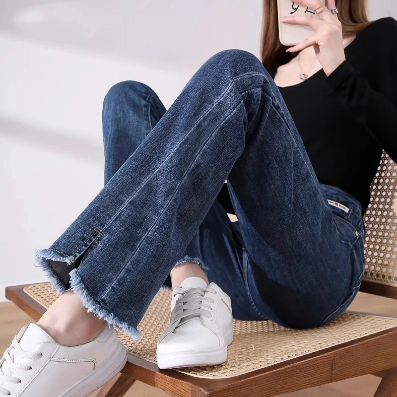 微喇牛仔裤女秋冬季加绒高腰百搭显瘦开叉毛边时尚阔腿喇叭裤子