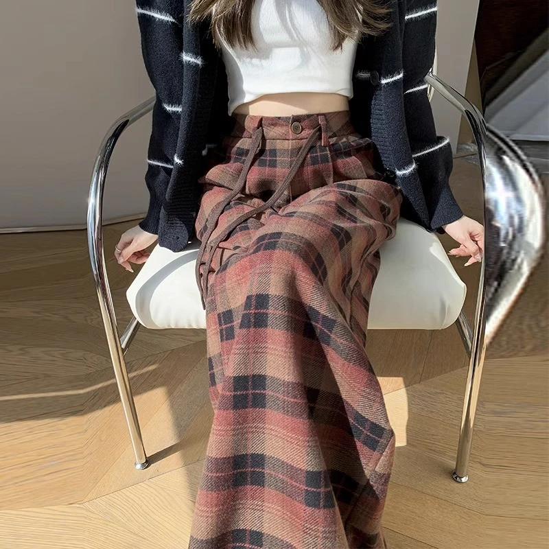毛呢格子阔腿裤女秋冬季新款直筒宽松垂感今年流行窄版格子裤潮
