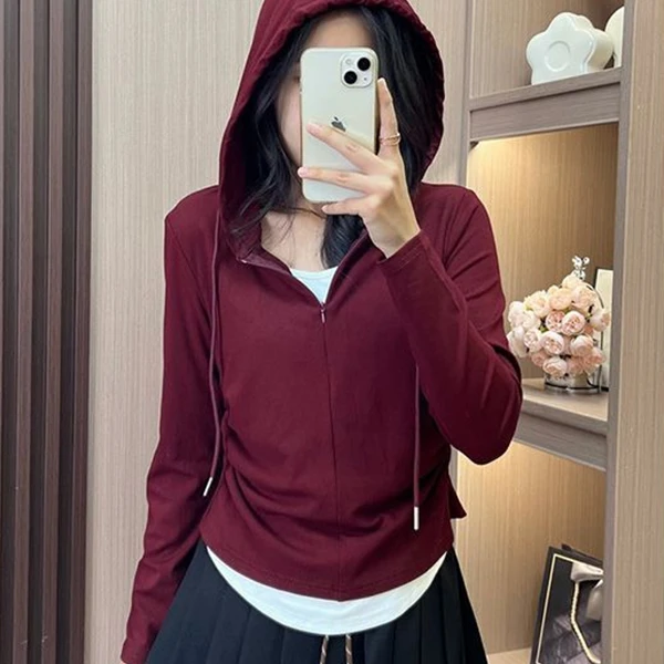 新款连帽假两件设计感修身T恤上衣秋冬莫代尔外穿半拉链长袖女