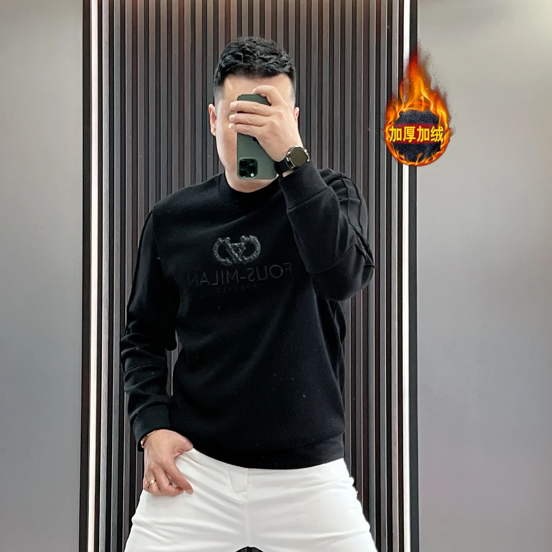 2024冬季新款个性潮牌轻奢字母圆领加绒加厚卫衣男士修身百搭长袖
