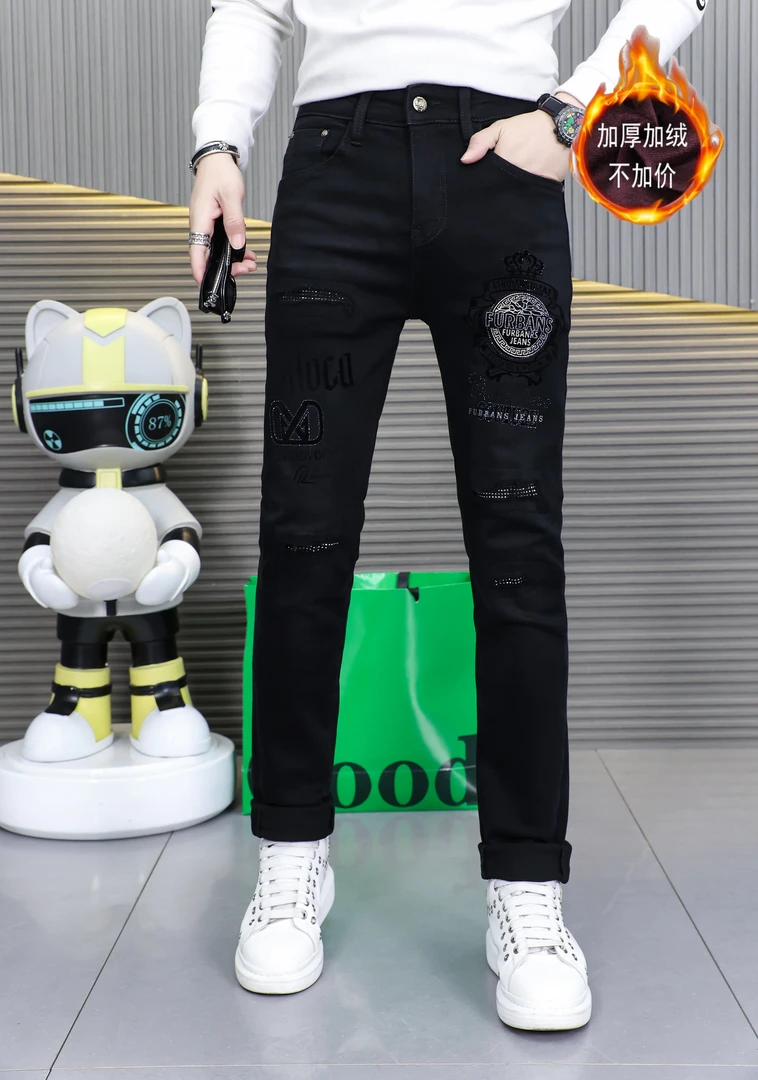 2023秋冬新款潮牌炫彩破洞印花修身白色水洗百搭男士个性牛仔裤