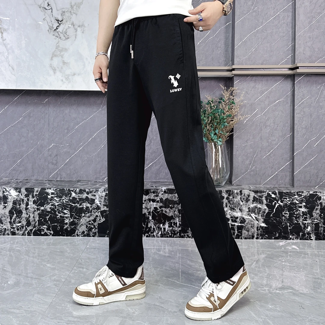 2024夏季潮流百搭时尚针织修身直筒休闲裤男士黑色阔腿休闲裤