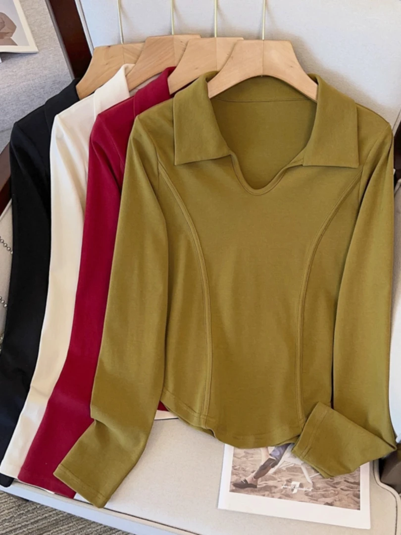 【喜喜家】正肩大码女微胖mm立体剪裁翻领显瘦长袖打底衫