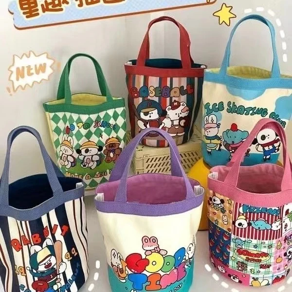 可爱插画小狗水桶手提帆布包上班小拎包颜色随机发