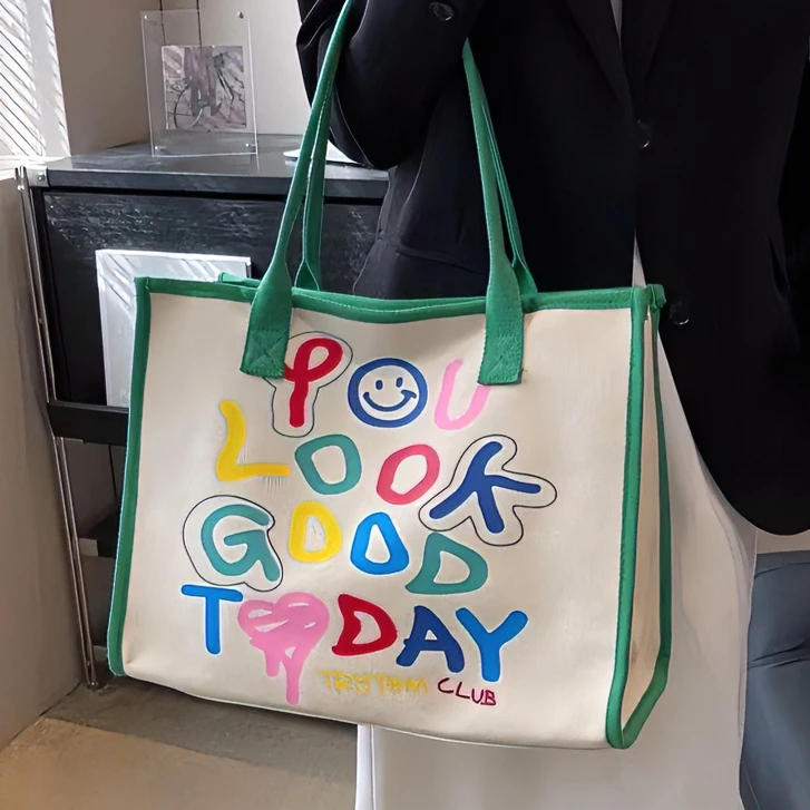 女ins大容量包包2023新款潮字母手提袋单肩包笑脸托特包旅行包