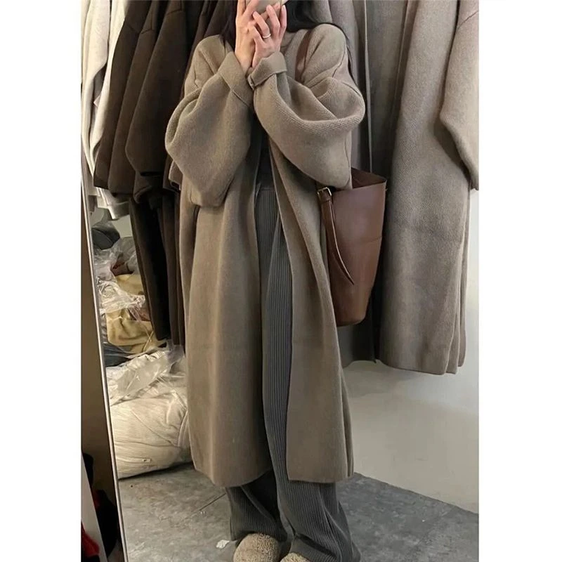 灰色中长款毛衣针织开衫女韩系温柔秋冬宽松慵懒风高级感外套大衣