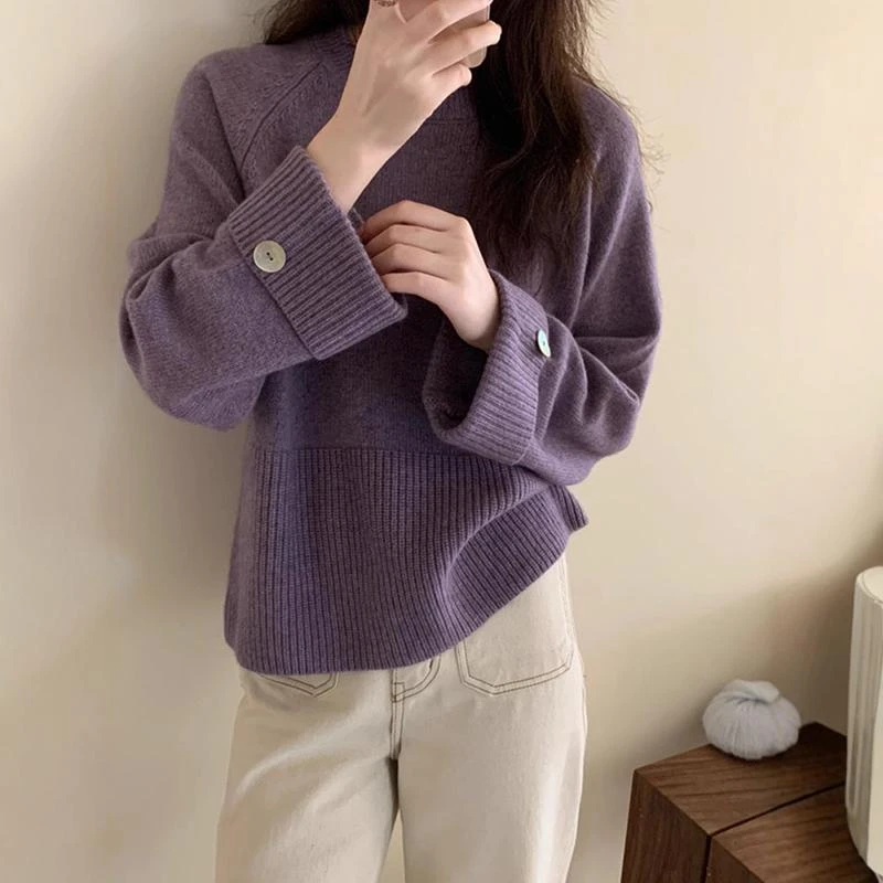 秋冬新款宽松显瘦圆领套头毛衣女内搭打底衫外套设计感洋气上衣