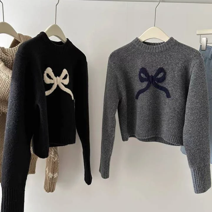 法式时尚蝴蝶结提花短款针织毛衣女秋冬新款修身显瘦小众百搭上衣