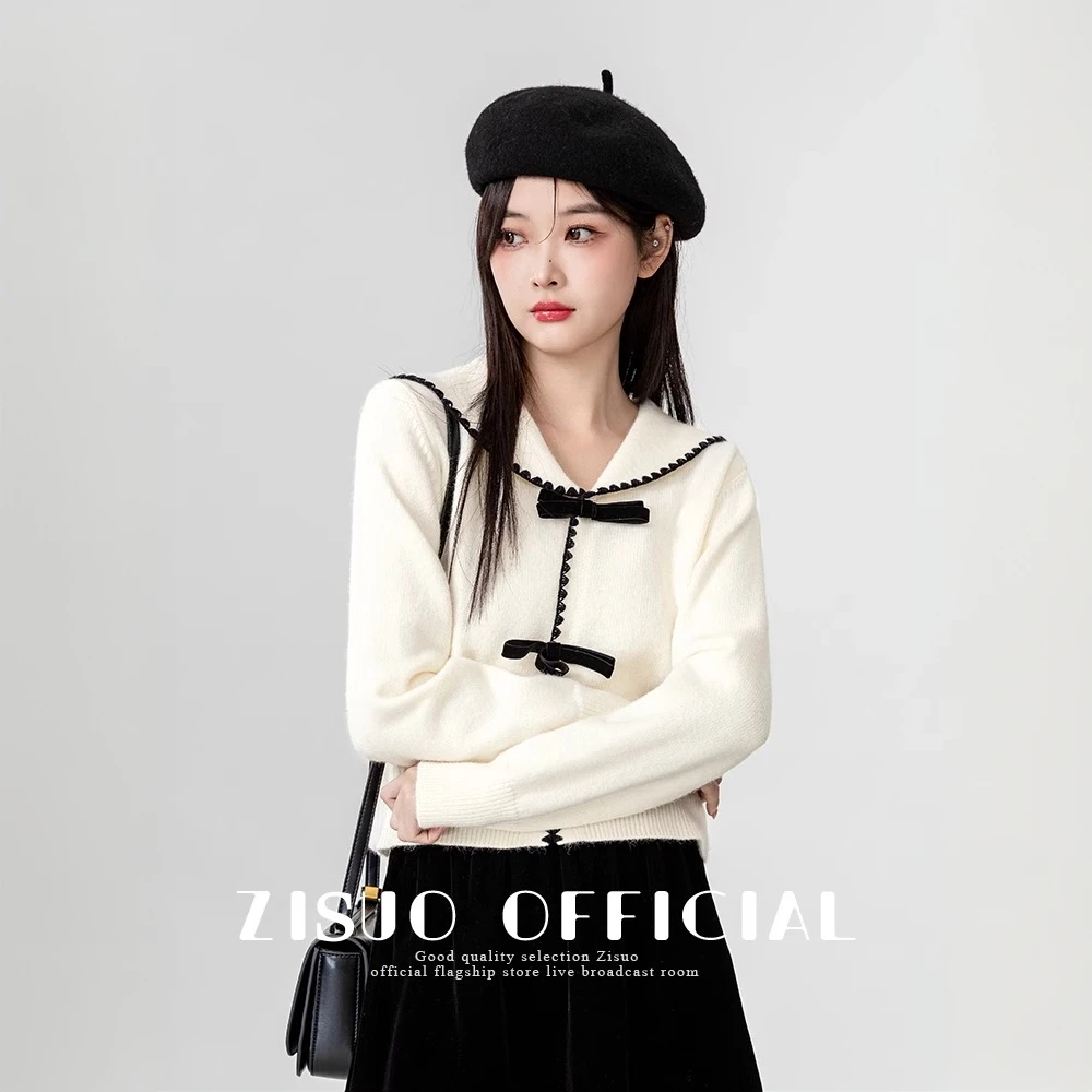 2025秋冬新款海军领毛衣外套女学院风蝴蝶结针织开衫毛衣女秋冬