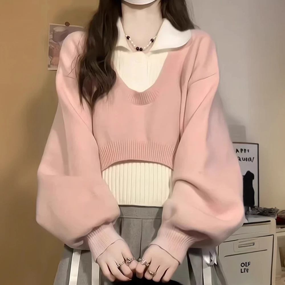 毛衣女学院风宽松灯笼袖针织衫韩系软糯舒适真两件娃娃领慵懒风