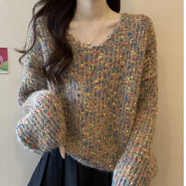 2025秋冬季新款彩点宽松百搭针织衫慵懒风百搭V领套头毛衣女上衣