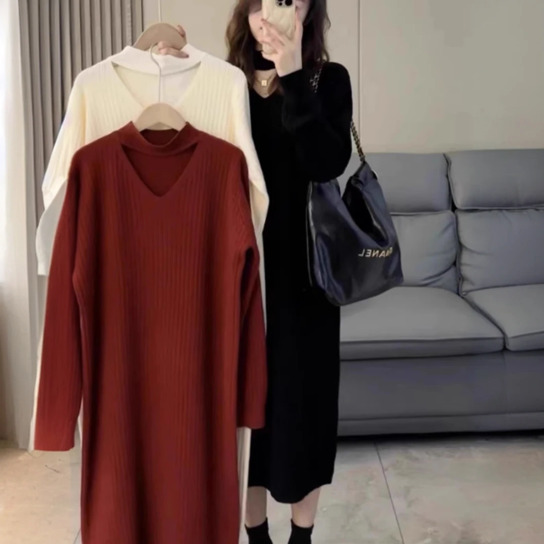 显瘦气质镂空中长款内搭打底毛衣裙秋冬新款V领针织连衣裙女宽松