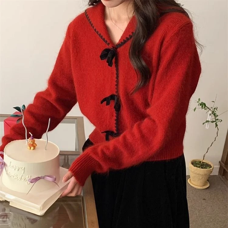 甜美蝴蝶结短款海军领毛衣外套女秋冬新款百搭减龄小众针织开衫潮