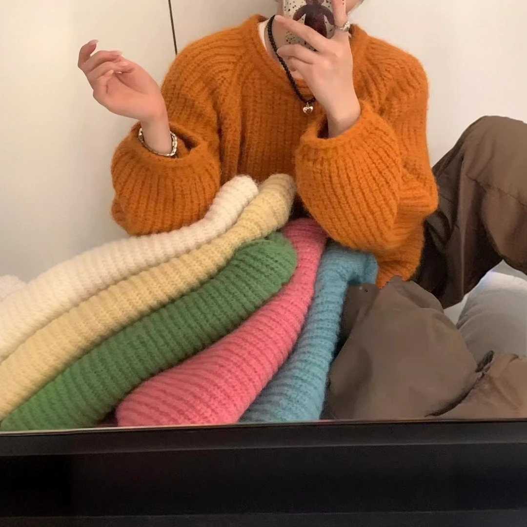2025秋冬季新款宽松百搭显瘦套头韩版慵懒风南瓜橘针织毛衣女上衣