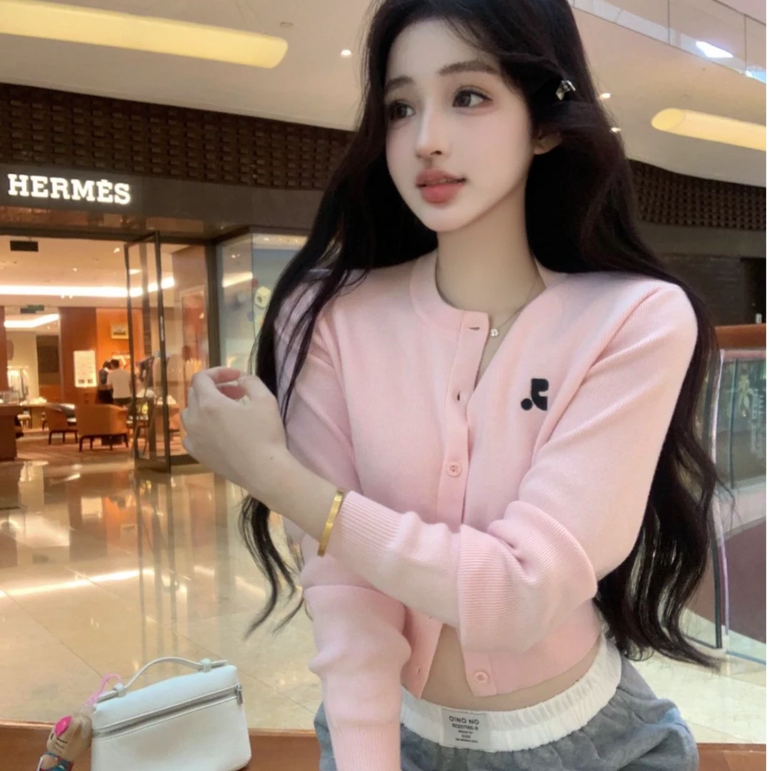 赵露思同款甜美外套粉色长袖针织衫开衫外套女毛衣短款毛衣女秋冬