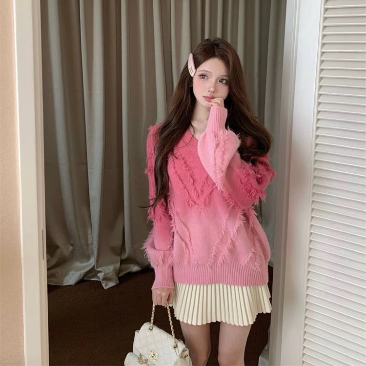 秋冬V领流苏甜美毛衣女渐变色温柔软糯气质简约高级感时髦上衣潮