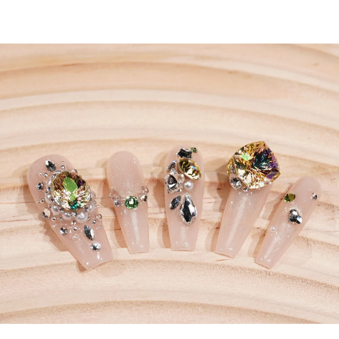 【怀藏花好】全华施华洛华子绿柠檬满钻长款显白穿戴甲