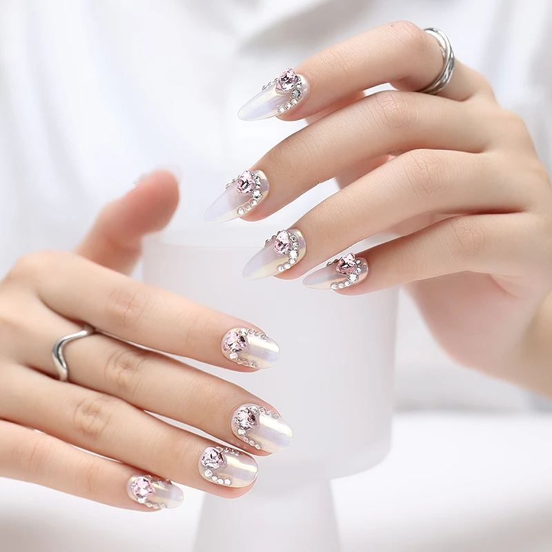 【白梨】手工穿戴甲短款魔镜粉白色日常华子贴钻爱心甜美可拆卸