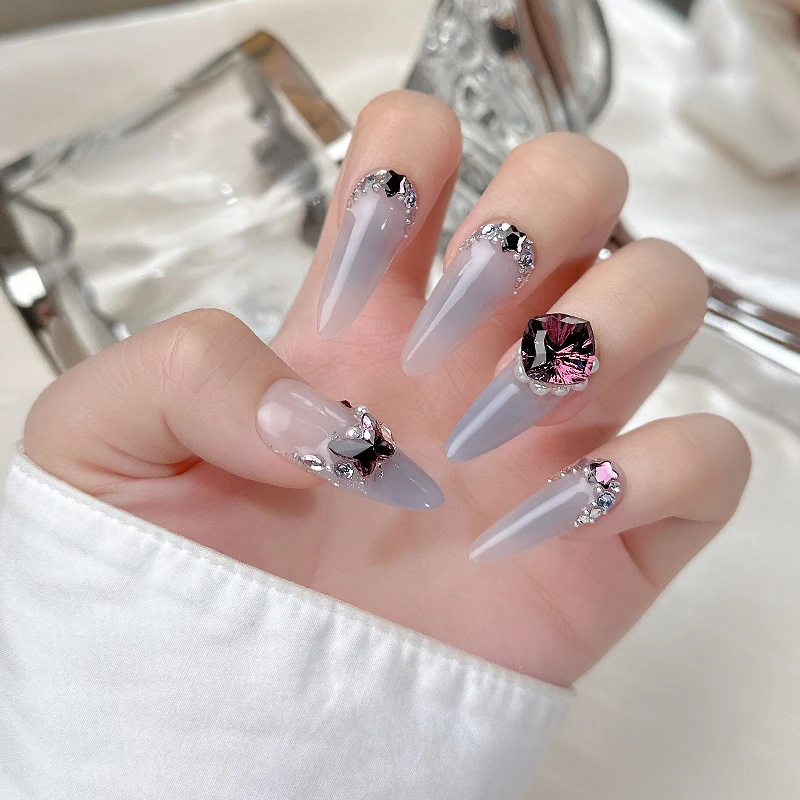 【暮色蔷薇】纯手工紫色系大颗晶钻蝶入指尖款式腮紫晕染渐变穿戴甲