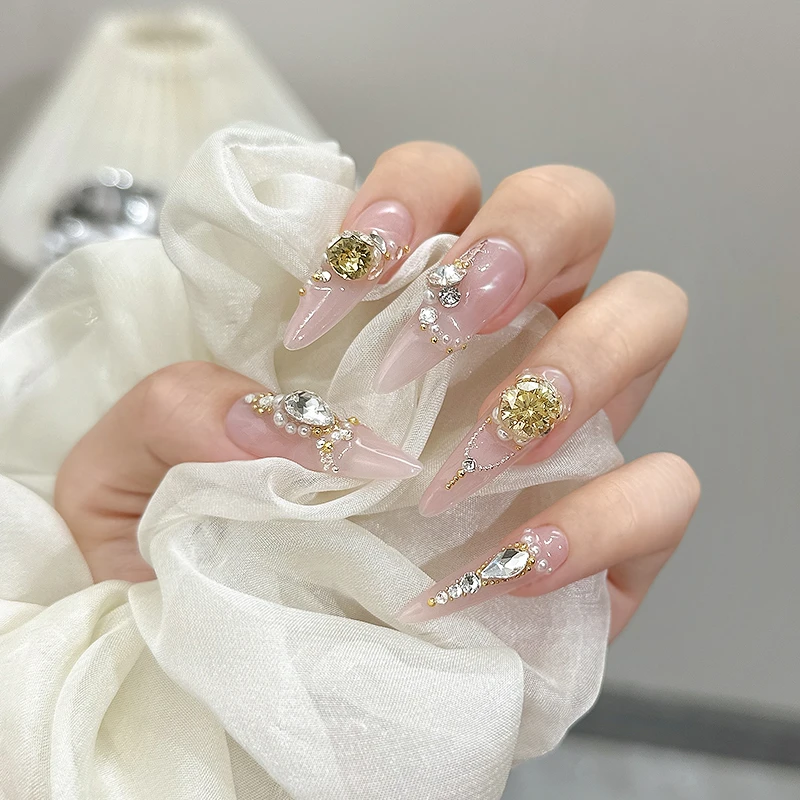 【桂花载酒】施华洛黄钻珍珠链条裸色系长款千金穿戴甲可拆卸